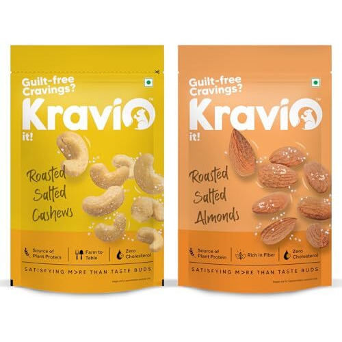 Kravio Premium Roasted Salted Cashew & Almond Nuts (2 X 200G) | Zero Cholesterol Natural Whole Kaju & California Badam Nuts & Dry Fruits | Rich In Protein, Roasted Crunchy Delicious Healthy Snacks