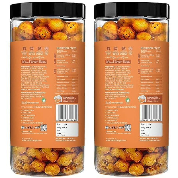 Vishnu Delight Fiery Peri-Peri Organic Makhana - Crunchy, Spicy, And Delicious - 90G X 2 Packs
