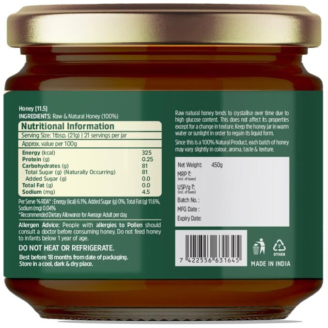 Nutricrate Sundarban Honey | 100% Pure & Organic Raw Honey From Sundarbans | No Sugar Or Adulteration | Unprocessed Natural Honey For Healthy Lifestyle | 450G Pack Of 1