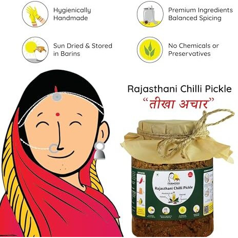 Farmdidi Rajasthani Green Chilli Pickle 1Kg | Marwadi Hari Mirch Ka Achar | Spicy Homemade Pickles | Theeka Ghar Ka Achaar| Mustard Oil | No Garlic | No Preservatives