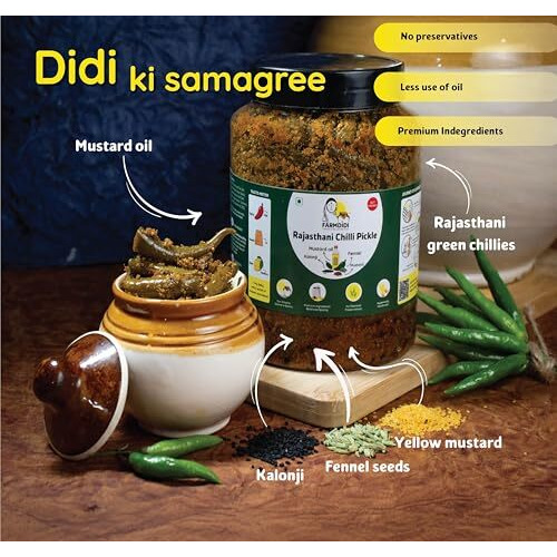 Farmdidi Rajasthani Green Chilli Pickle 1Kg | Marwadi Hari Mirch Ka Achar | Spicy Homemade Pickles | Theeka Ghar Ka Achaar| Mustard Oil | No Garlic | No Preservatives