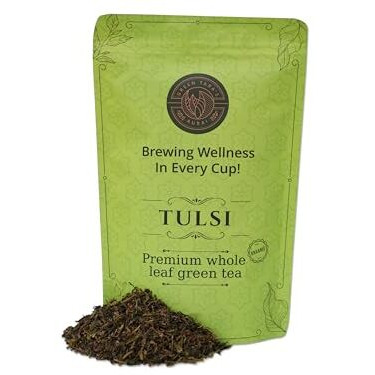 Green Tara's Aurai Tulsi Green Tea | Certified Organic Whole Leaf Blend | 100G (3.52 Oz) | Antioxidant-Rich & Caffeine-Free | Ayurvedic Herbal Tea | Resealable Ziplock Pouch For Freshness
