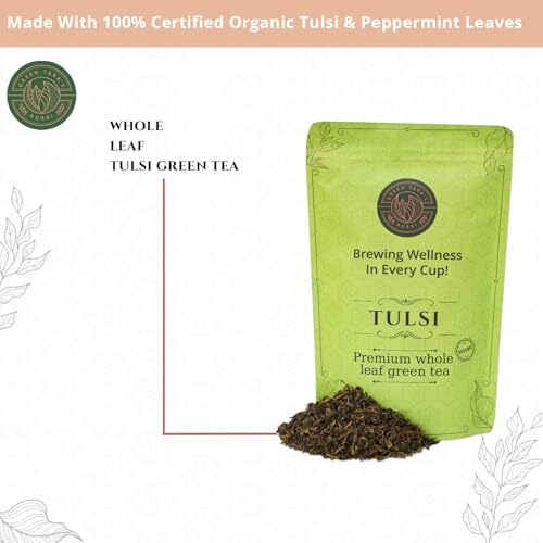 Green Tara's Aurai Tulsi Green Tea | Certified Organic Whole Leaf Blend | 100G (3.52 Oz) | Antioxidant-Rich & Caffeine-Free | Ayurvedic Herbal Tea | Resealable Ziplock Pouch For Freshness