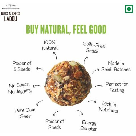 Reshims - Healthy Dry Fruits & Seeds Laddu | 5 Super Seeds In 1 Laddu | Energy-Bar Replacement | Contains Cow-Ghee | No Flavours Added | No Preservatives | No Sugar Added (240 Grams)