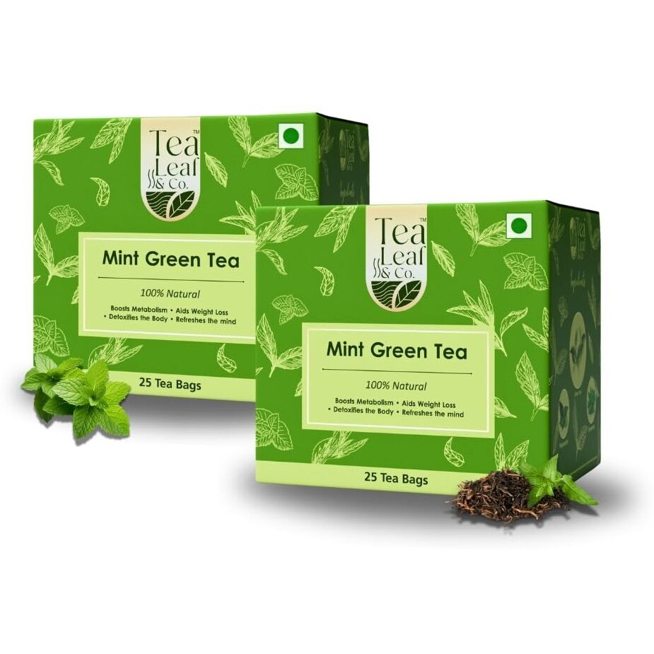Tea Leaf & Co. Mint Green Tea Refreshing Flavor Of Spearmint & Peppermint Natural & Farm Fresh Total 50 Tea Bags Pack Of 2