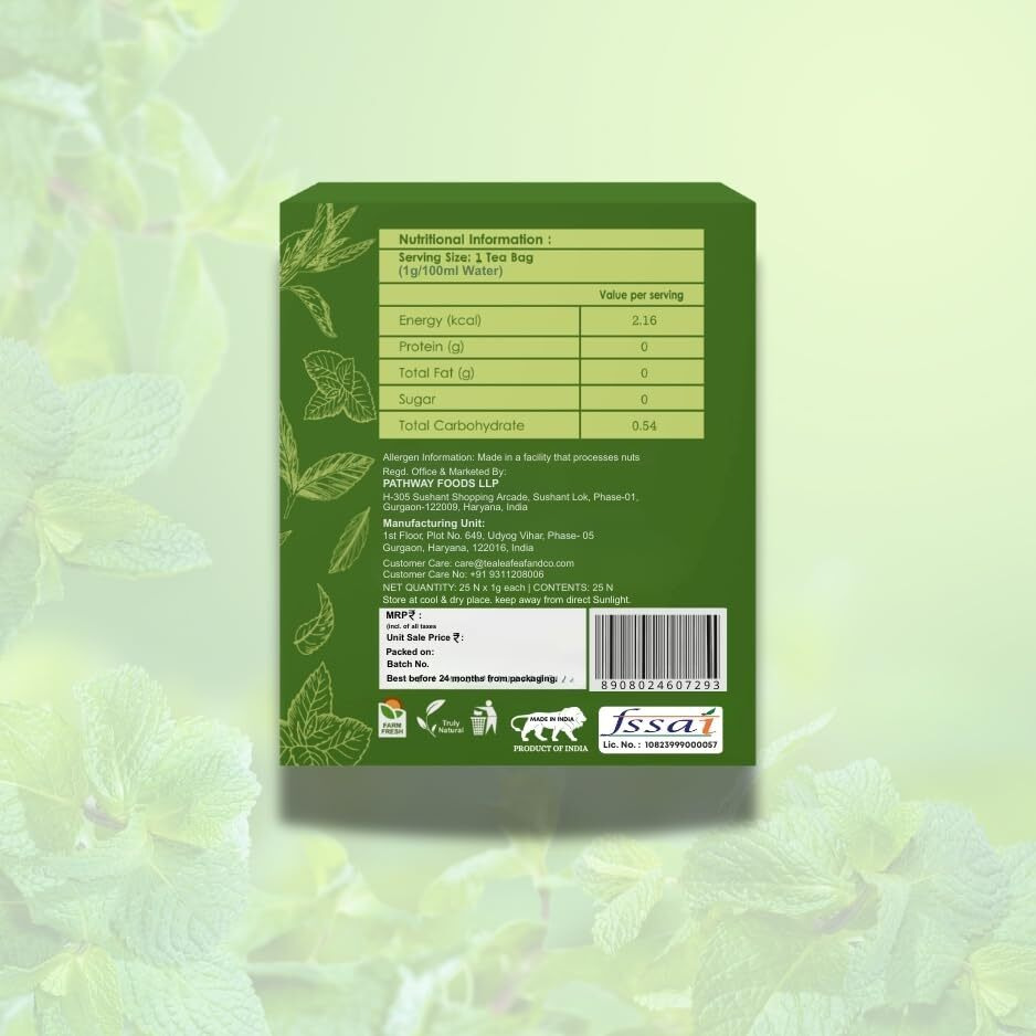 Tea Leaf & Co. Mint Green Tea Refreshing Flavor Of Spearmint & Peppermint Natural & Farm Fresh Total 50 Tea Bags Pack Of 2
