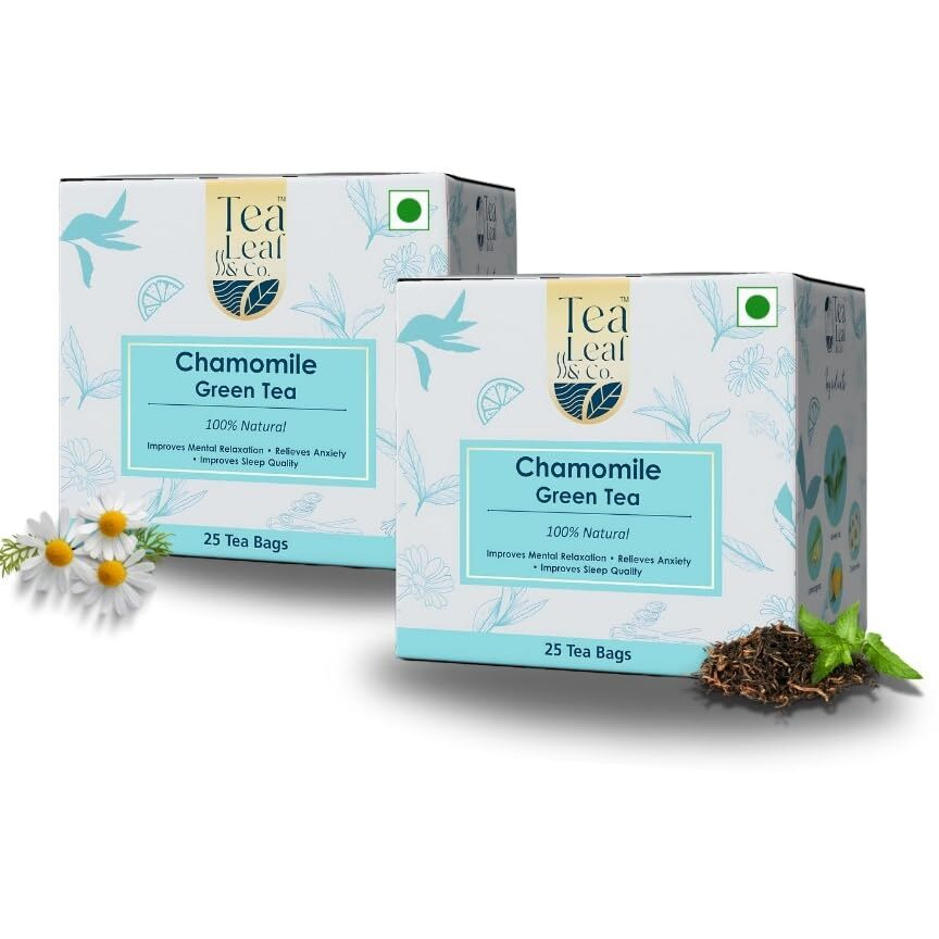 Tea Leaf & Co. Chamomile Green Tea Soothing Blend Improves Sleep Quality & Relieves Anxiety Farm Fresh & Natural Total 50 Tea Bags Pack Of 2