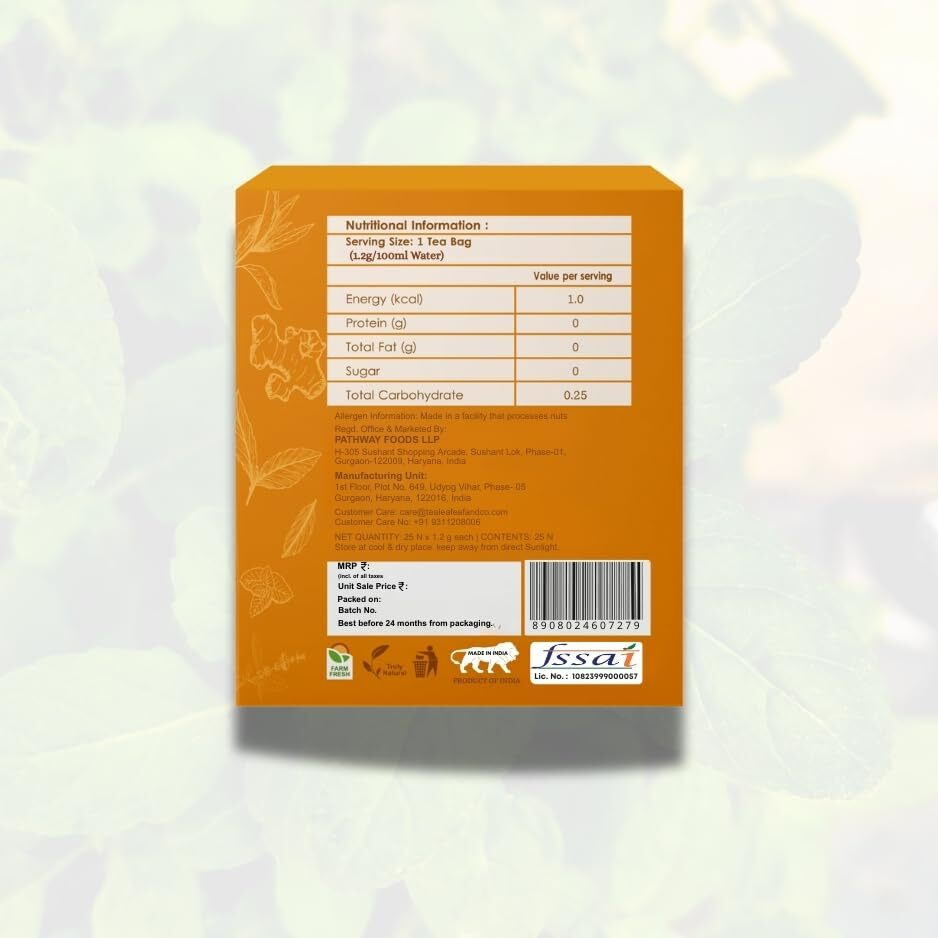 Tea Leaf & Co. Turmeric Tulsi Green Tea Blend Of Pure Green Tea & Fresh Tulsi Herbal Tea For Hot/Iced Total 50 Tea Bags Pack Of 2