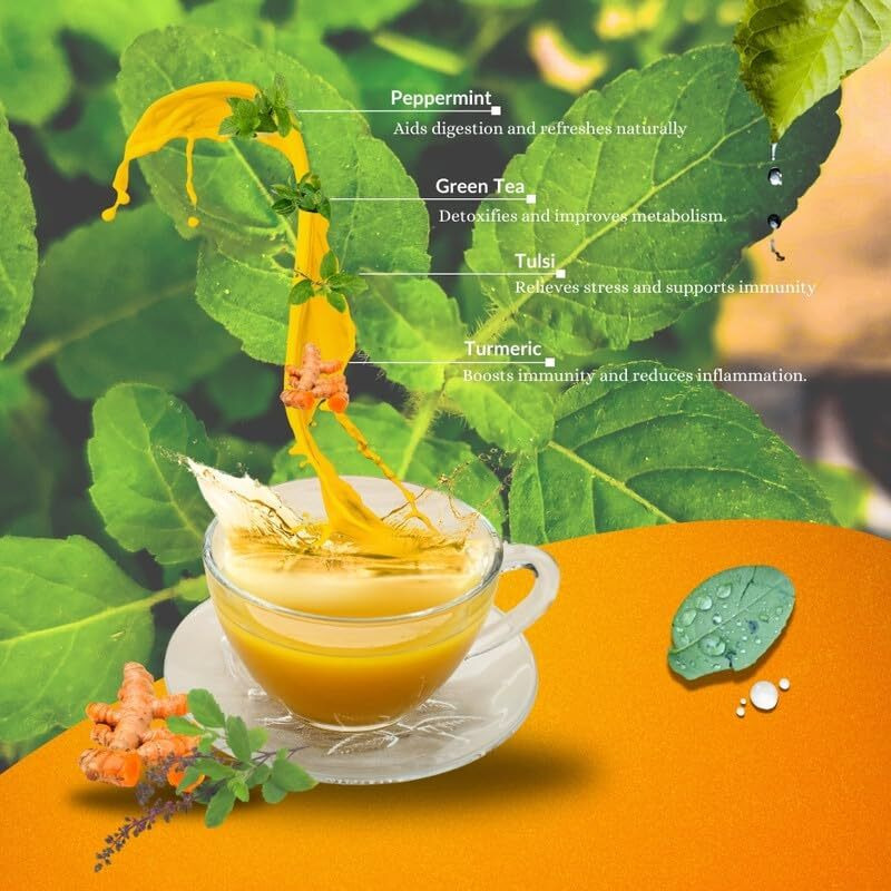 Tea Leaf & Co. Turmeric Tulsi Green Tea Blend Of Pure Green Tea & Fresh Tulsi Herbal Tea For Hot/Iced Total 50 Tea Bags Pack Of 2