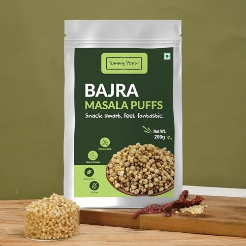 Tummy Pops Roasted Bajra Puffs | Crunchy & High-Fiber Pearl Millet Snack | Low-Calorie & Tasty Namkeen | Spicy Masala Flavor | 200Gm Pack