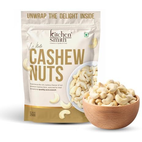 Kitchensmith Premium Whole Cashew 250 Gm (Grade W240) |Crunchy Cashews, Kaju Dry Fruit, Cashew Nuts | Gluten Free & Plant Based Protein (Air Tight Pouch)