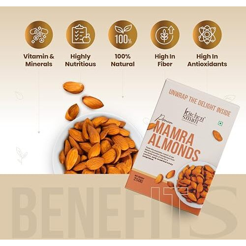 Kitchensmith Mamra Almonds 250 Gm | High In Antioxidant | Naturally Sweet And Tasty | Energy Booster | Dry Fruits