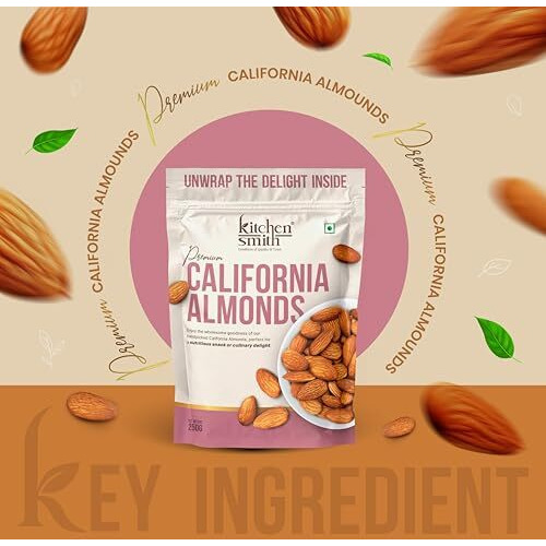 Kitchensmith Jumbo California Almond 250 Gm | Badam Giri, Naturally Sourced Crunchy Badaam, High In Antioxidant | Naturally Sweet And Tasty | Energy Booster | Dry Fruits (Air Tight Pouch)