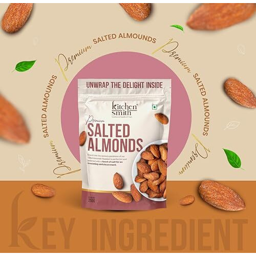 Kitchensmith Jumbo Salted Almond 250 Gm | Badam Giri, Naturally Sourced Crunchy Badaam, High In Antioxidant | Naturally Sweet And Tasty | Energy Booster | Dry Fruits (Air Tight Pouch)
