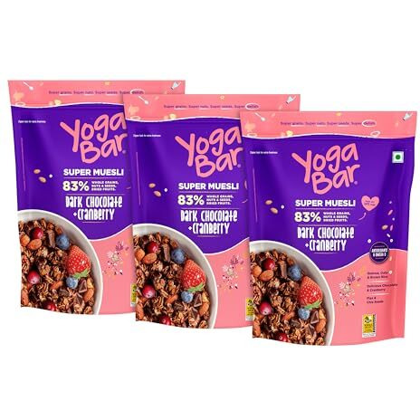 Yogabar Wholegrain Breakfast Muesli - Dark Chocolate + Cranberry, 700G (Pack Of 3) (Super Saver Pack) | Healthy Breakfast Cereals | Granola| Antioxidant Rich | Healthy Food For Breakfast |Protein Rich