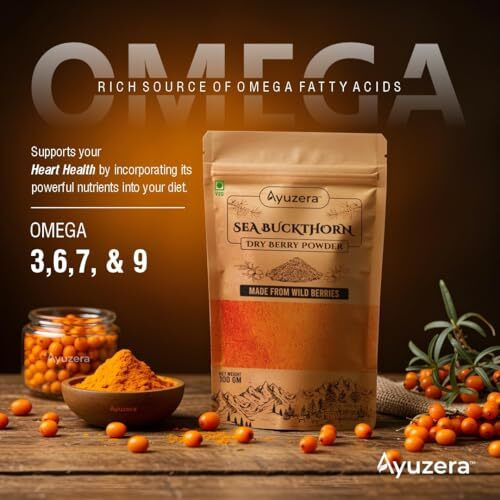 Ayuzera Himalayan Sea Buckthorn Berries Powder 300 Grams | Rich In Omega 3, 6, 7, 9 | Collagen, Fiber, Omegas, Vitamin C, Vitamin E | Dry Sea Buckthorn Powder (300 Grams)