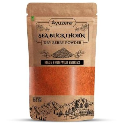 Ayuzera Himalayan Sea Buckthorn Berries Powder, 100G | Rich In Omega 3, 6, 7, 9 | Collagen, Fiber, Omegas, Vitamin C, Vitamin E | Dry Sea Buckthorn Powder (100, Grams)