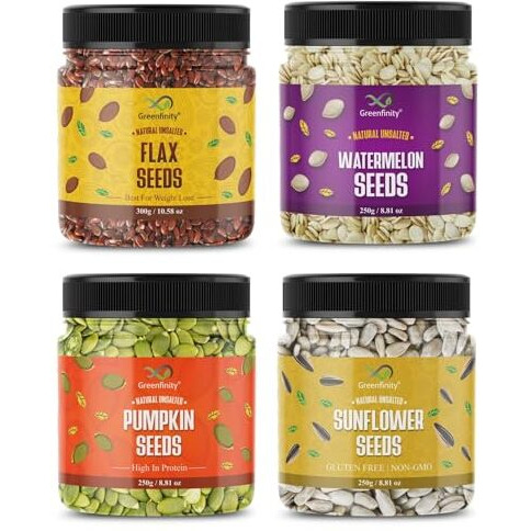 Greenfinity Natural Raw Seeds Combo Pack Of Pumpkin, Sunflower, Flax, Watermelon 250G Each, 1Kg Total