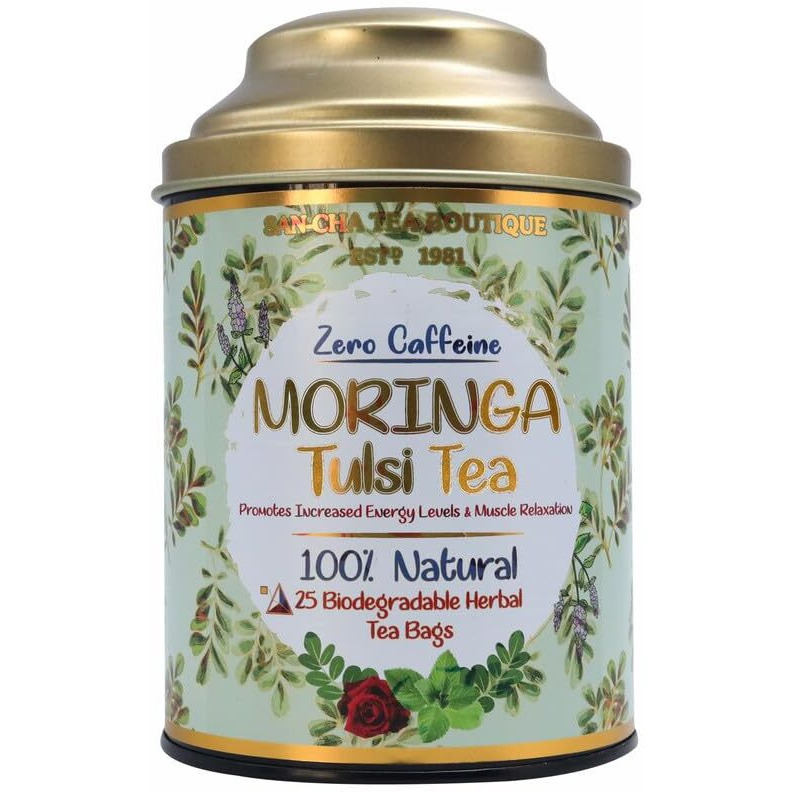Sancha Tea Boutique, Moringa Tulsi Tea, Caffeine Free Herbal Tisane, 25 Pyramid Bags, Hebal Tisane For Energy