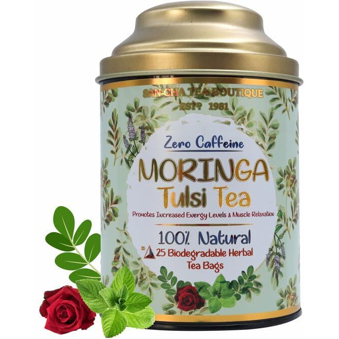 Sancha Tea Boutique, Moringa Tulsi Tea, Caffeine Free Herbal Tisane, 25 Pyramid Bags, Hebal Tisane For Energy