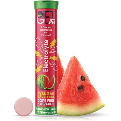 Diet Gear Energy Drink - 5 Litre Zero Sugar, Zero Caffeine Electrolytes 20 Effervescent Servings | Added 7 Essential Electrolyte Salts (Na, K, Mg, Ca, Cl, Zn, So4) + Vitamin C | Watermelon Flavor