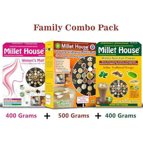 Millet House Family Combo Health Mix | Sprouted Siridhanya Millets Malt 500 Grams | Women's Malt 400 Grams | Millet Nutrition Powder 400 Gram (Pack Of 3, Family Health Millets Malts, 1.3 Kg)