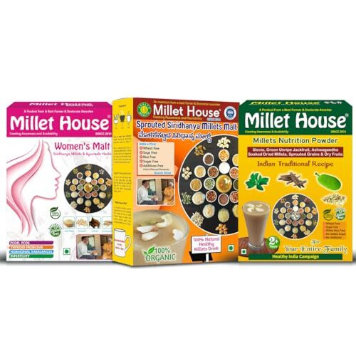 Millet House Family Combo Health Mix | Sprouted Siridhanya Millets Malt 500 Grams | Women's Malt 400 Grams | Millet Nutrition Powder 400 Gram (Pack Of 3, Family Health Millets Malts, 1.3 Kg)