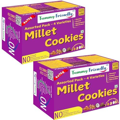Tummyfriendly Foods Millet Cookies For Kids Adults. Millet Healthy Biscuits, Ragi And Jaggery. Healthy Snacks For Kids Babies 1 Year Old. Gift The Best Healthy Cookies - Assorted - 8X75G (600G)