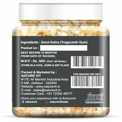 Nature Vit Pure Gond Katira,250G [Jar Pack]|Edible Gum|Organic Tragacanth Gum|Badam Pisin|Almond Gum|| Kathila Gund|High Cooling Properties Herbal Food|Super Food|Badam Gum Best First Quality|Natural