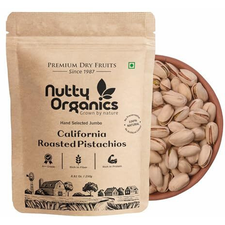 Nutty Organics California Roasted Pistachios 250 Gm | Hand Selected Jumbo | Nutritious Tasty & Healthy Nuts Dry Fruits | Rich In Protein