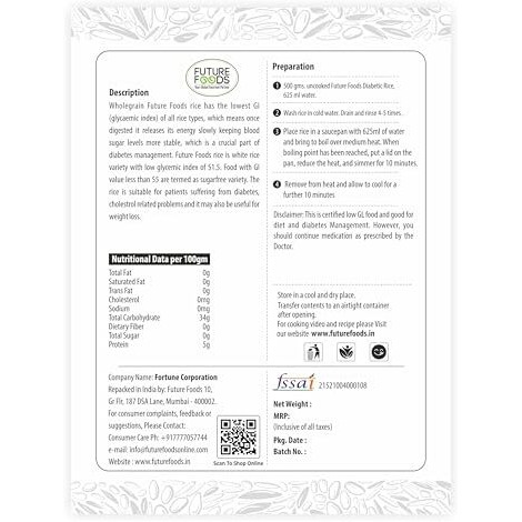 Future Foods Premium Diabetic Rice 450G | Sugar Free | Gluten Free | Low Glycemic Index | Promotes Stable Blood Sugar Levels | Non-Gmo | Vegan