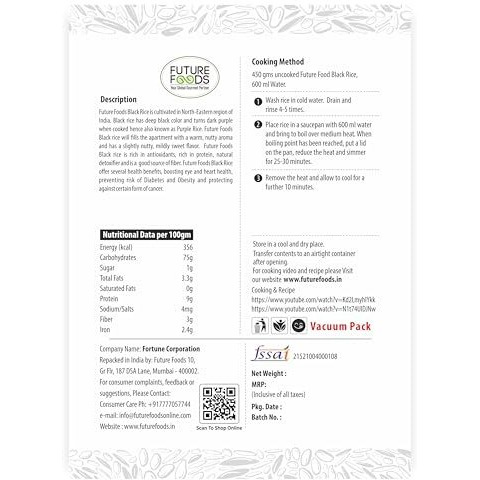 Future Foods Black Rice |Protein Rich|Rich In Antioxidants|All Natural|Aromatic & Unpolished|Natural Detoxifier & Fiber Source|Prevents The Risk Of Diabetes & Obesity (Pack Of 2), 900 Gram