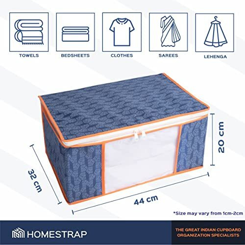 Homestrap Set Of 3 Non-Woven Printed Saree Cover/Cloth Storage/Organizer With Transparent Window (Navy Blue With Orange Border), 33 X 22 Cm