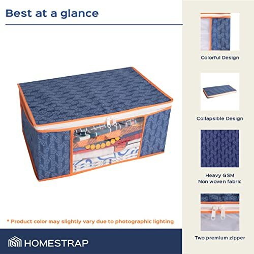Homestrap Set Of 3 Non-Woven Printed Saree Cover/Cloth Storage/Organizer With Transparent Window (Navy Blue With Orange Border), 33 X 22 Cm