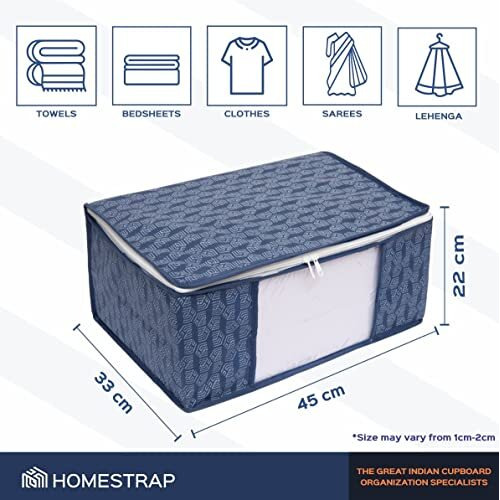 Homestrap Set Of 12 Non-Woven Printed Saree Cover/Cloth Storage/Organizer With Transparent Window (Navy Blue, Featured On Shark Tank, 33.5 Cm, 22 Cm)
