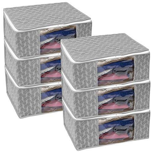 Homestrap Set Of 6 Non-Woven Printed Saree Cover/Cloth Storage/Wardrobe Organizer For Clothes With Transparent Window (Grey)(Shark Tank Featured) 45Cmx33Cmx22Cm
