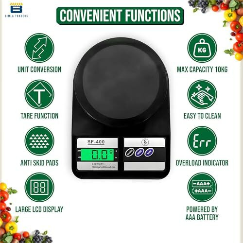 Btag Digital Kitchen Food Weighing Scale For Healthy Living, Home Baking, Fitness & Balanced Diet. | Weighing Scale With Digital Display Sf 400 10Kg X 1Gms (Sf-400_Blk)