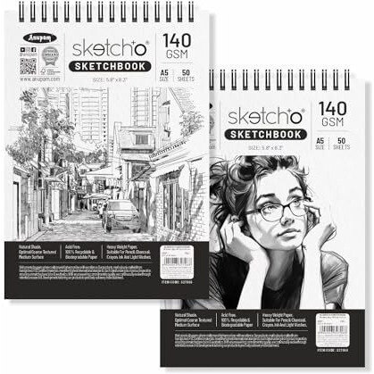 Anupam Sketch-O Sketchbook A5 | 50 Sheets 100 Pages | 140Gsm | Durable Acid Free Drawing Paper | Top Spiral-Bound Sketchpad For Artists & Professionals For Marker Colored Pencil Charcoal Pastels (Set Of 2)