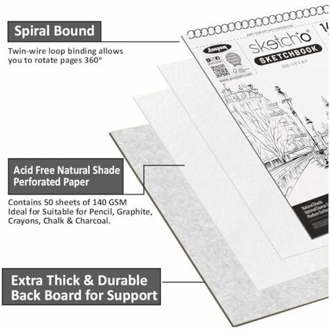 Anupam Sketch-O Sketchbook A5 | 50 Sheets 100 Pages | 140Gsm | Durable Acid Free Drawing Paper | Top Spiral-Bound Sketchpad For Artists & Professionals For Marker Colored Pencil Charcoal Pastels (Set Of 2)