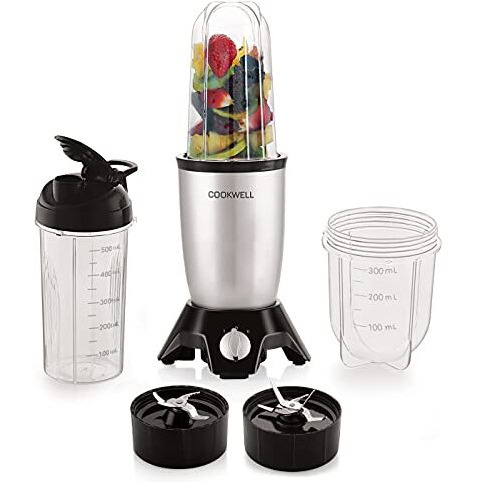 Cookwell Bullet Mixer Grinder (3 Jar, 2 Blade, Silver) - Copper, 600 Watts - 2 Year Warranty