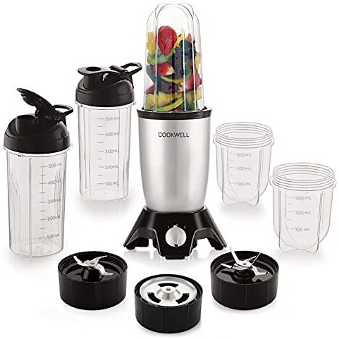Cookwell Bullet Mixer Grinder (5 Jars, 3 Blades, Silver) - Copper, 600 Watts - 2 Year Warranty