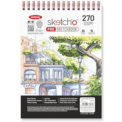 Anupam Sketch-O Pro Sketchbook A5 | 15 Sheets - 30 Pages | 270Gsm | Durable Acid Free Drawing Paper |Top Spiral-Bound Sketchpad For Kids & Professionals For Marker Pen, Colored Pencil, Charcoal, Water Colour & Inks (Pack Of 3)