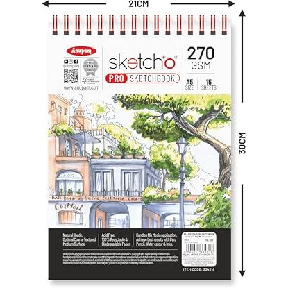 Anupam Sketch-O Pro Sketchbook A5 | 15 Sheets - 30 Pages | 270Gsm | Durable Acid Free Drawing Paper |Top Spiral-Bound Sketchpad For Kids & Professionals For Marker Pen, Colored Pencil, Charcoal, Water Colour & Inks (Pack Of 3)