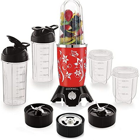 Cookwell Bullet Mixer Grinder (5 Jars, 3 Blades, Red) - Copper, 600 Watts - 2 Years Warranty