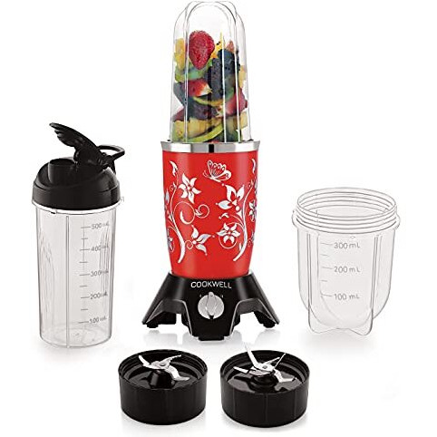 Cookwell Bullet Mixer Grinder (3 Jar, 2 Blade, Red) - Copper, 600 Watts - 2 Year Warranty