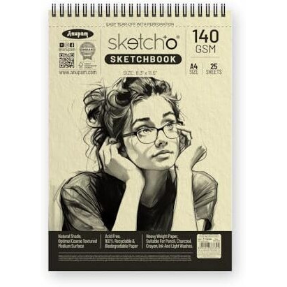 Anupam Sketch-O Sketchbook A4 | 25 Sheets | 140Gsm | Durable Acid Free Drawing Paper | Top Spiral-Bound For Artists & Professionals