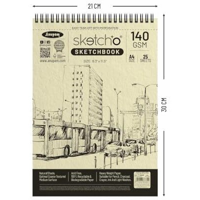 Anupam Sketch-O Sketchbook A4 | 25 Sheets | 140Gsm | Durable Acid Free Drawing Paper | Top Spiral-Bound For Artists & Professionals