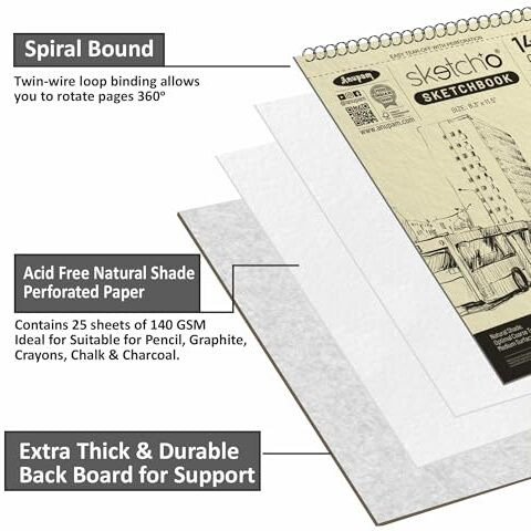 Anupam Sketch-O Sketchbook A4 | 25 Sheets | 140Gsm | Durable Acid Free Drawing Paper | Top Spiral-Bound For Artists & Professionals