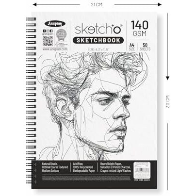 Anupam Sketch-O Sketchbook A4 | 50 Sheets 100 Pages | 140Gsm | Durable Acid Free Drawing Paper |Side Spiral-Bound Sketchpad For Artists Kids & Professionals For Marker Colored Pencil Charcoal