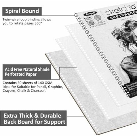 Anupam Sketch-O Sketchbook A4 | 50 Sheets 100 Pages | 140Gsm | Durable Acid Free Drawing Paper |Side Spiral-Bound Sketchpad For Artists Kids & Professionals For Marker Colored Pencil Charcoal